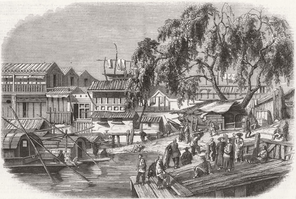 CHINA. A landing-place at Canton 1858 old antique vintage print picture